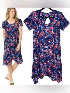 Cuddl Duds Flexwear Sharkbite Hem Floral Dress Stretch Active Casual Comfy Med